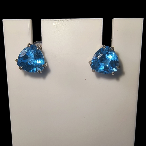 Blue Topaz And Sterling Silver Trillion Cut Post Earrings - Picture 2 of 10